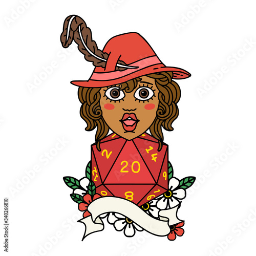 human bard with natural twenty dice roll illustration