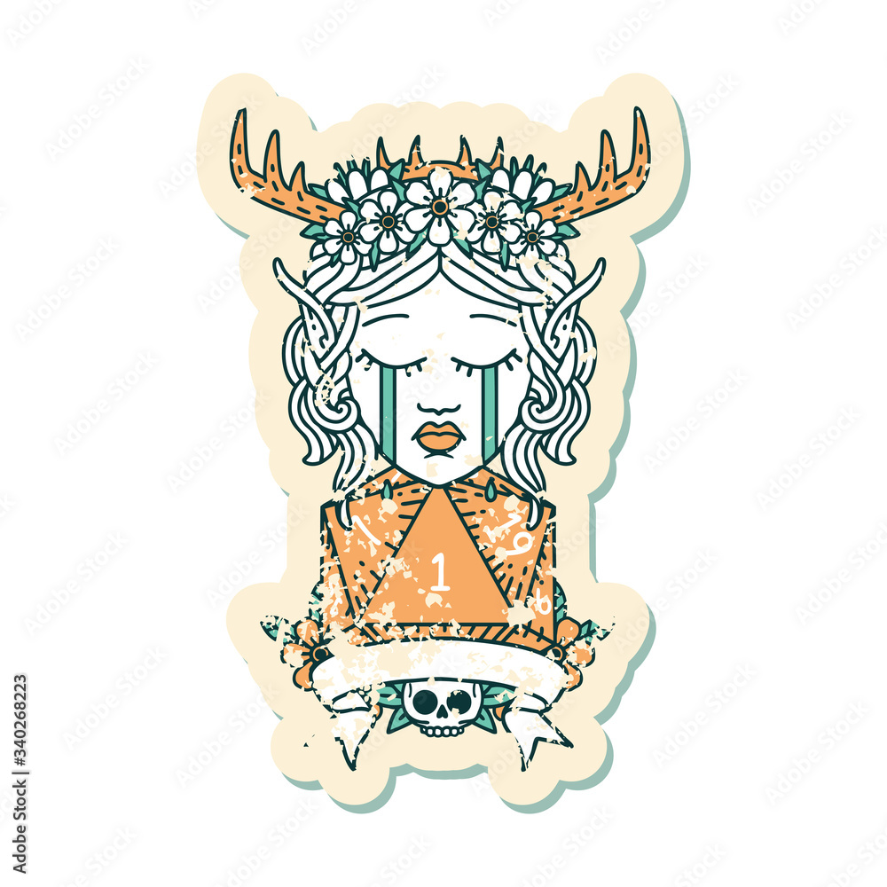 sad elf druid character face with natural one D20 roll illustration sad elf druid character face with natural one D20 roll illustration