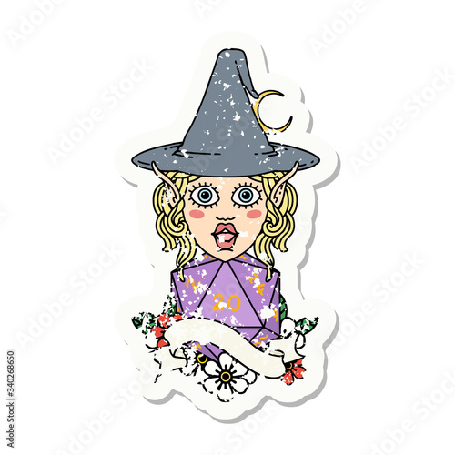 elf mage character with natural twenty dice roll grunge sticker