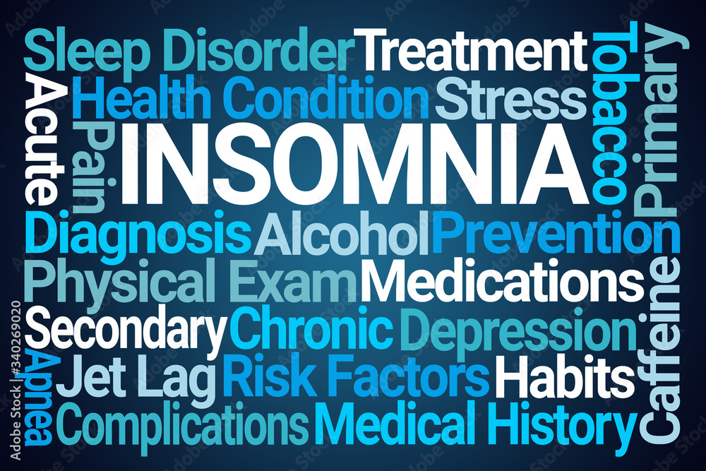 Insomnia Word Cloud on Blue Background Insomnia Word Cloud on Blue Background