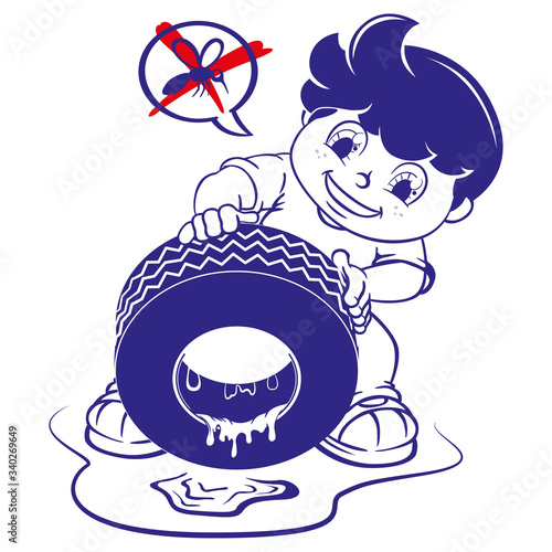 Illustration boy drawing still water from the tire, fighting mosquito that transmits dengue or zika virus. Ideal for informational and institutional related sanitation and health