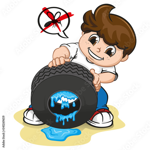 Illustration boy drawing still water from the tire, fighting mosquito that transmits dengue or zika virus. Ideal for informational and institutional related sanitation and health