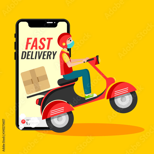 Online delivery service , online order tracking, delivery home and office. Scooter delivery. Shipping.  Man on the bike with mask. Vector illustration