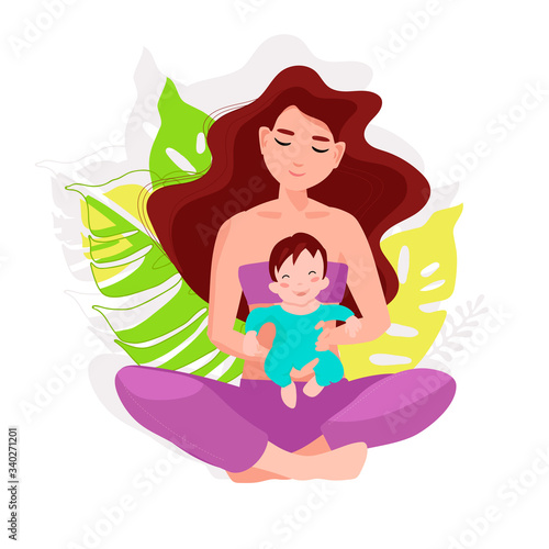 Vector Illustration Of Mother Holding Baby Son or daughter In Arms. Happy Mother`s Day Greeting Card. working or sporty mom enjoing motherhood