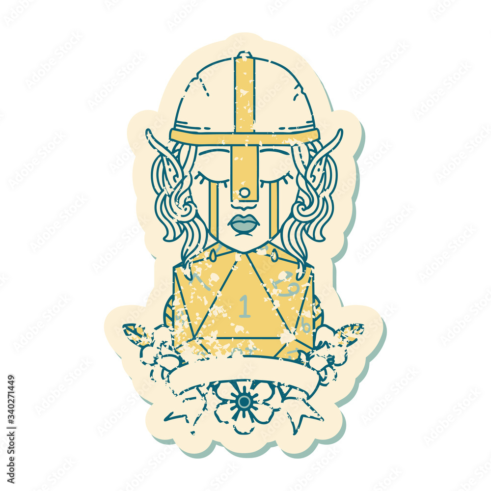 crying elf fighter character face with natural one D20 roll illustration crying elf fighter character face with natural one D20 roll illustration