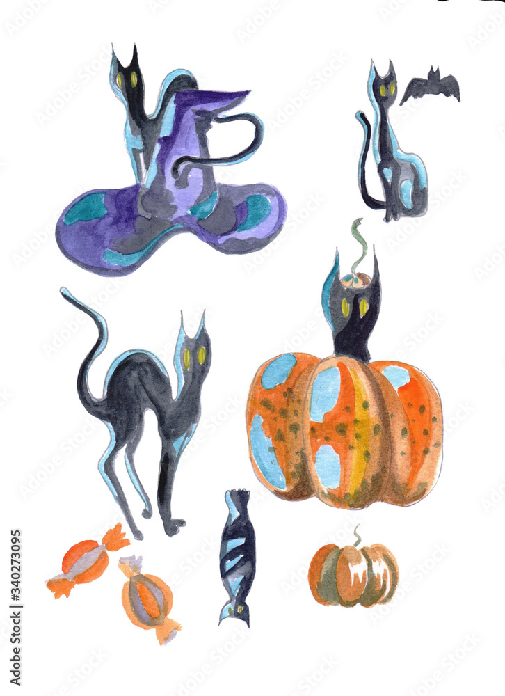 set of funny witch cats in halloween. can be used on holiday cards, decor of fabric, napkins, web, t-shirts