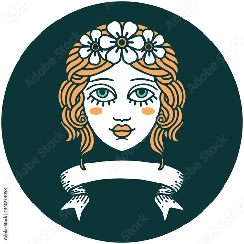 icon with banner of female face with crown of flowers