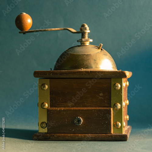 Coffee grinder manual, mechanical, wooden, vintage, art, single object.