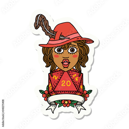 human bard character with natural 20 dice roll sticker