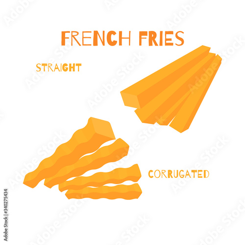 Fast Food Set. Varieties of Potatoe Slices. Potato French Fries, Corrugated and straight Potato, Wave. Flat style Hand Drawn Illustration.