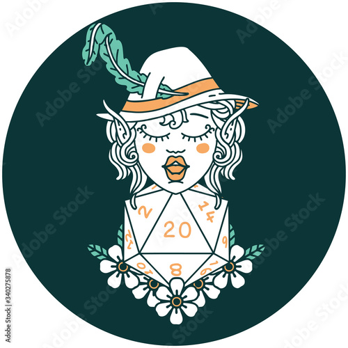 elf bard character with natural twenty dice roll icon
