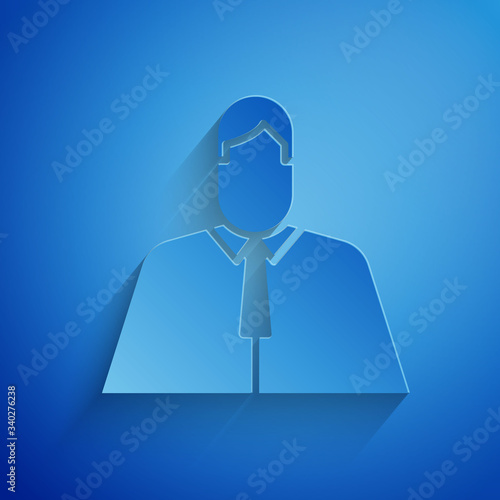 Paper cut Lawyer, attorney, jurist icon isolated on blue background. Jurisprudence, law or court icon. Paper art style. Vector Illustration