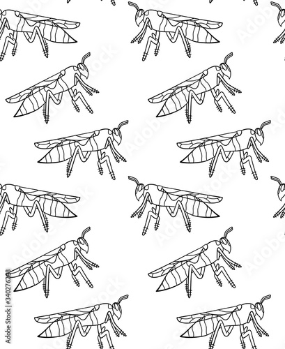Profile view outline style wasps seamless pattern on white background