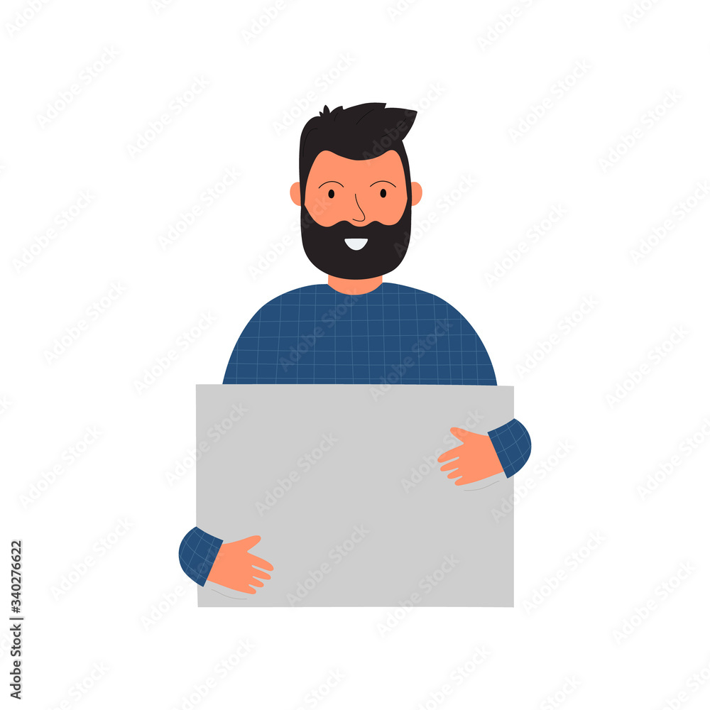 Smiling guy carrying a blank placard with a place for text isolated on white background. Male activist, man holding an empty paper sheet. Flat vector illustration
