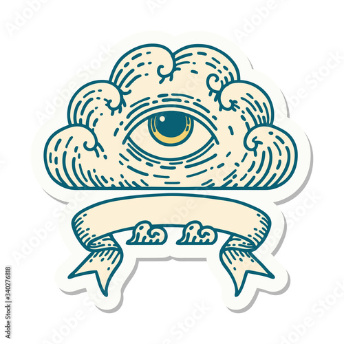 tattoo sticker with banner of an all seeing eye cloud