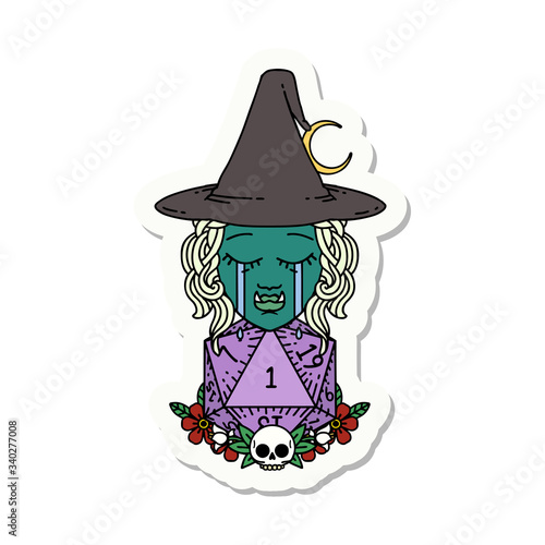 sad half orc witch character with natural one D20 roll sticker