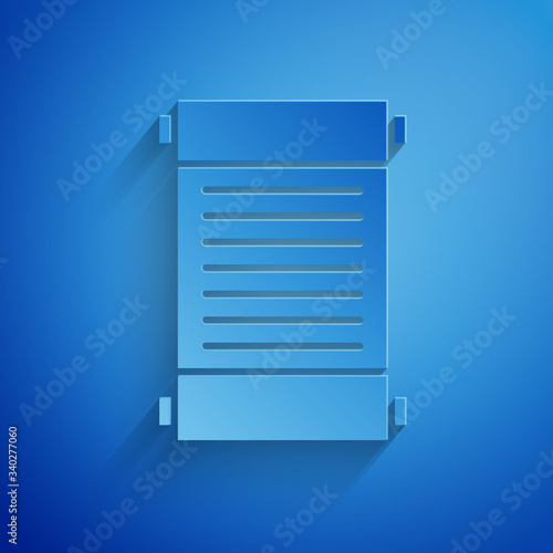 Paper cut Decree, paper, parchment, scroll icon icon isolated on blue background. Paper art style. Vector Illustration