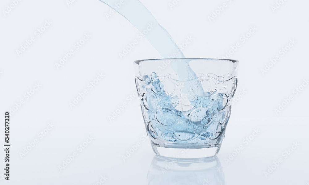 Pouring water from bottle into glass on white background and reflection on surface. 3D rendering. Pouring water from bottle into glass on white background and reflection on surface. 3D rendering.