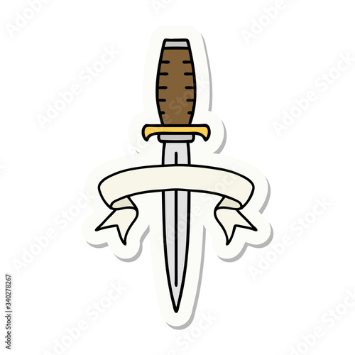tattoo sticker with banner of a dagger