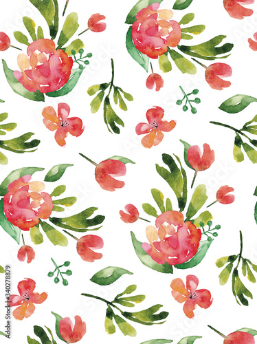 Watercolor red floral seamless pattern. Orange flowers and green leaves. Botanical background