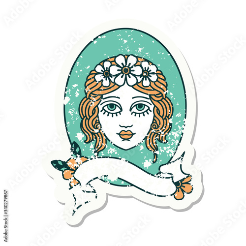 grunge sticker with banner of a maiden