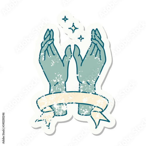 grunge sticker with banner of mystic hands
