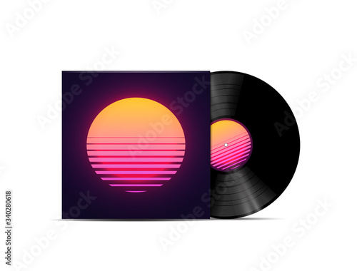 Synthwave, vaporwave, retrowave music lp vinyl disc record mockup isolated on white background. Template for music playlist or album cover. Vector illustration