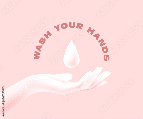 Disinfection concept. Woman hand silhouette with liquid soap drop above. Applying a moisturizing sanitizer. Washing hands concept. Isolated on pink background. Vector illustration