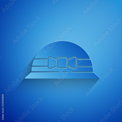 Paper cut Elegant women hat icon isolated on blue background. 8 March. International Happy Women Day. Paper art style. Vector Illustration
