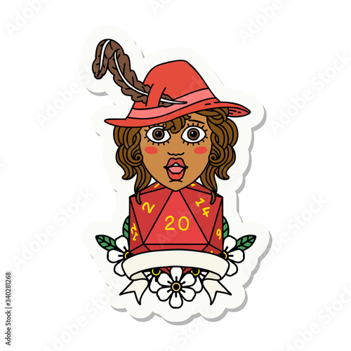 human bard character with natural 20 dice roll sticker