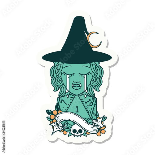 crying half orc witch character face with natural one d20 dice roll sticker