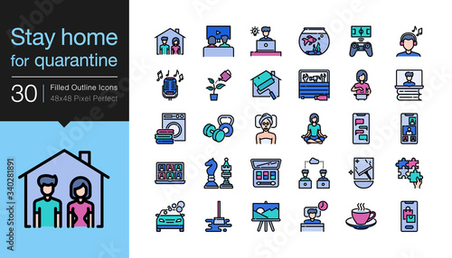 Stay home icons. Stay at home for quarantine protect from coronavirus (covid-19). Filled outline design.