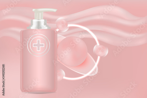 Beauty product ad design, pink cosmetic container with collagen solution advertising background ready to use, luxury skin care banner, illustration vector.