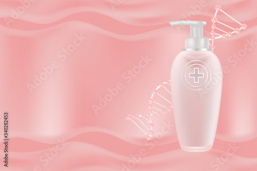 Beauty product ad design, pink cosmetic container with collagen solution advertising background ready to use, luxury skin care banner, illustration vector.