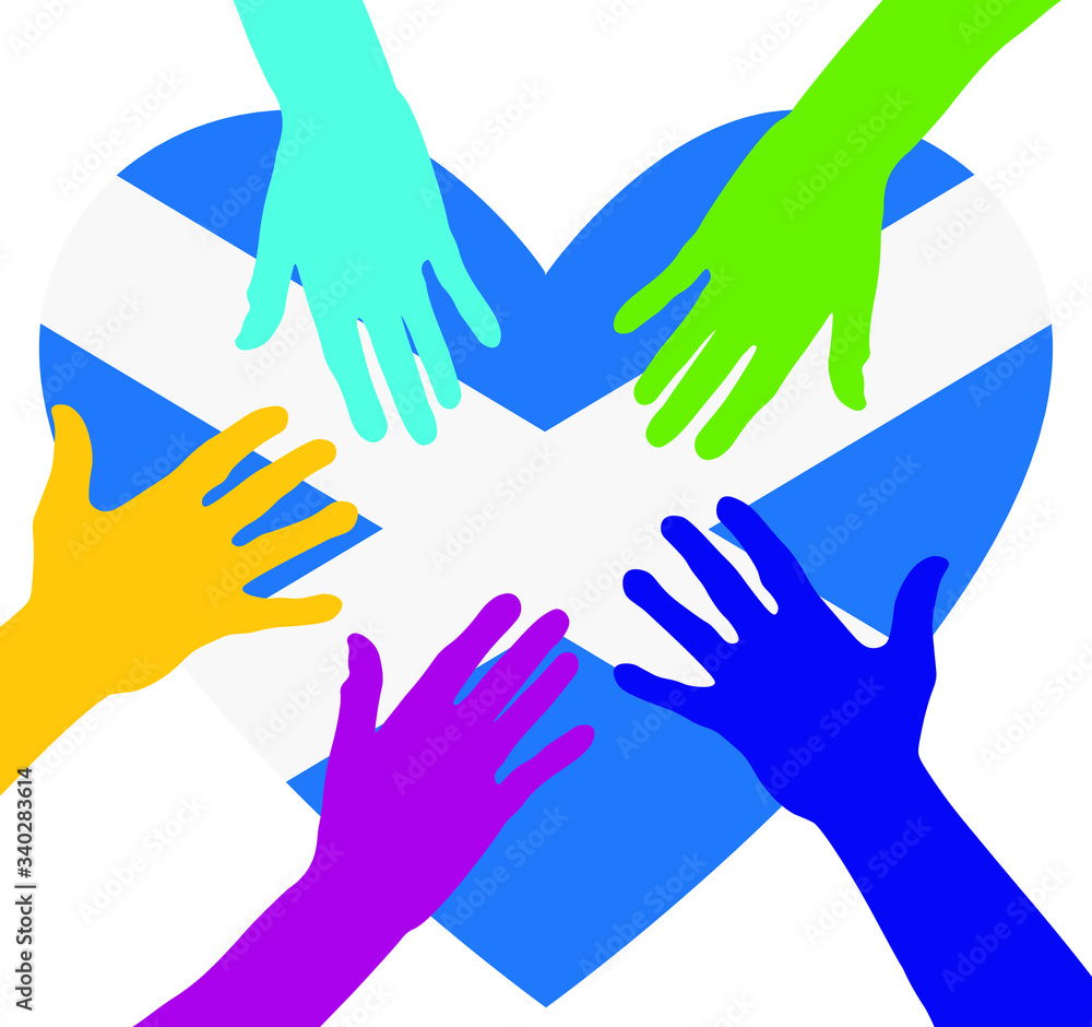 Care and charity concept - hands on the Scotland Flag Heart. Patriotic concept. People raising their hands to become volunteers. The concept of big problems because of the coronavirus pandemic.