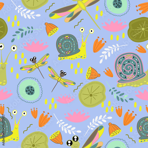 seamless pattern with snail and dragonfly. Colorful seamless texture for baby design made in vector.