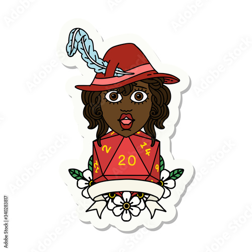human bard character with natural 20 dice roll sticker