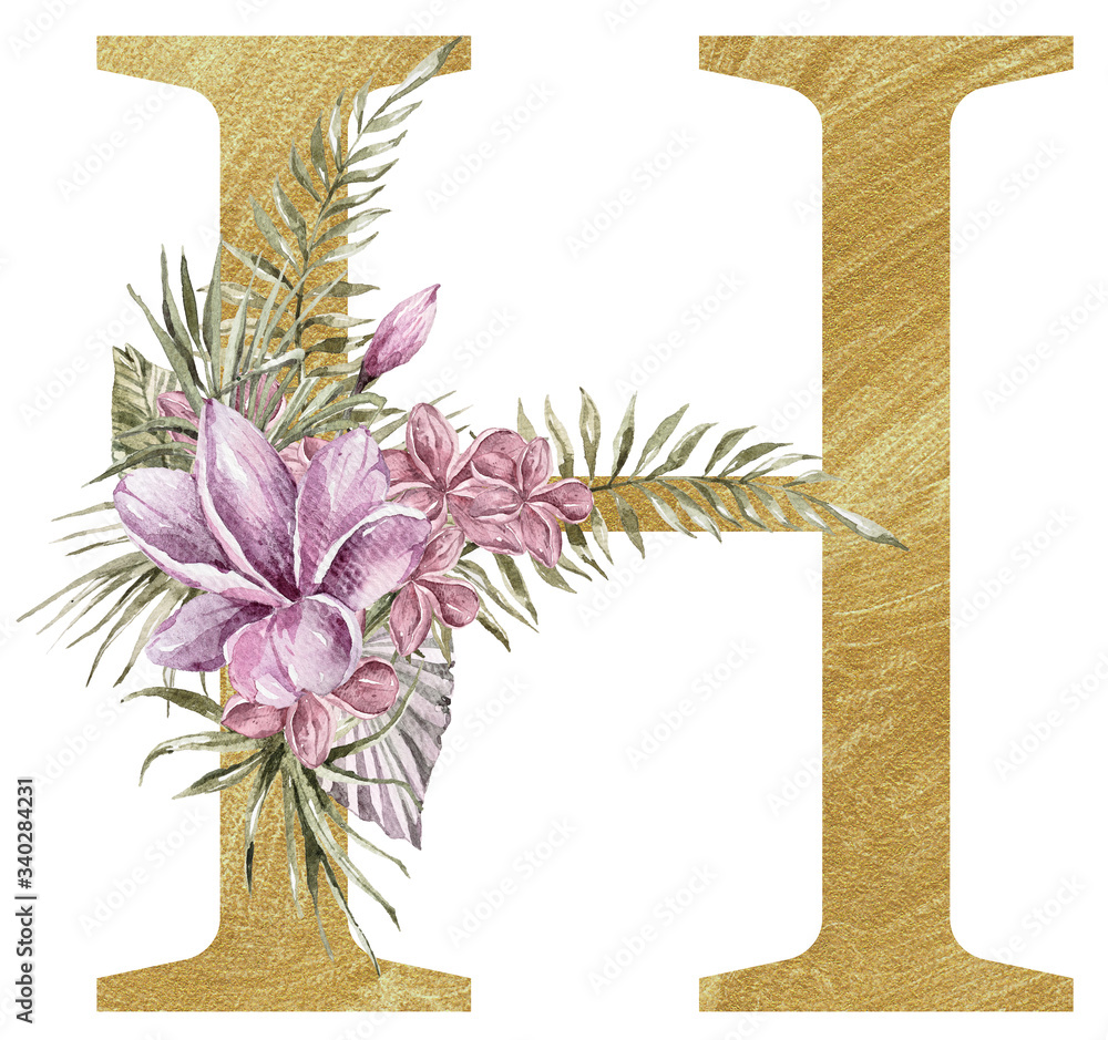 Golden textured floral alphabet font, uppercase letter h with tropical ...