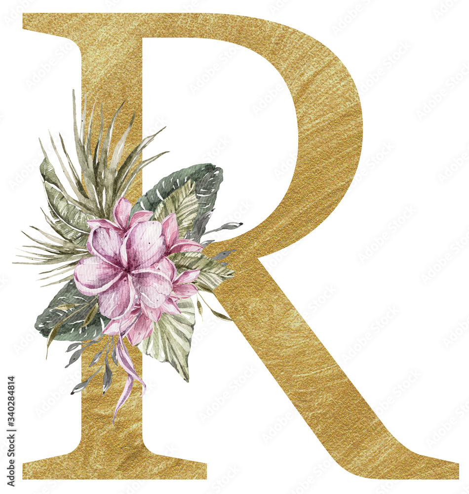 Golden textured floral alphabet font, uppercase letter R with tropical ...