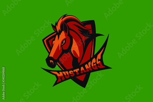 Hand drawn sport team mascot logo design. T-shirt print illustration. Mustang.