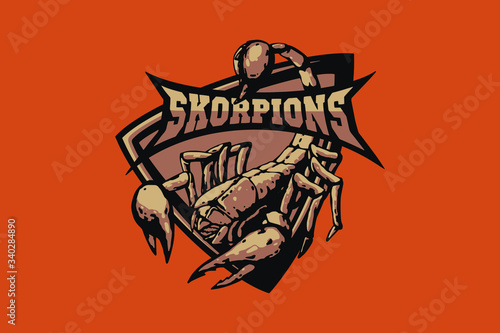 Hand drawn sport team mascot logo design. T-shirt print illustration. Scorpion.