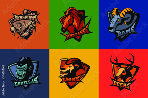 Hand drawn sport team mascot logo design. T-shirt print illustration. Scorpion, mustang, ram, gorilla, lion, deer.