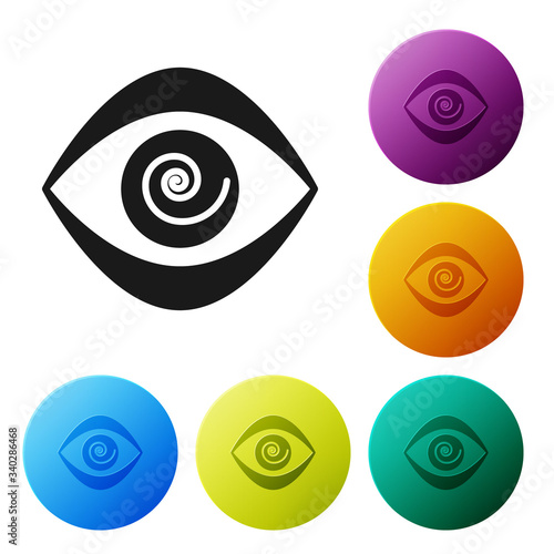 Black Hypnosis icon isolated on white background. Human eye with spiral hypnotic iris. Set icons in color circle buttons. Vector Illustration