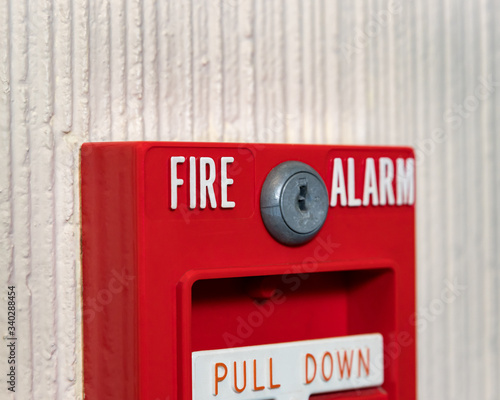 Closeup of fire alarm pull station call box. Concept of emergency, alert, public safety and panic