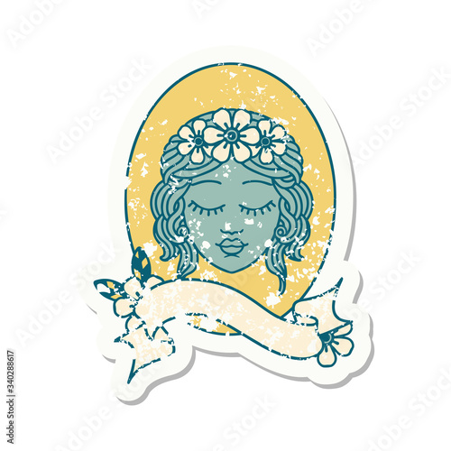 grunge sticker with banner of a maiden with eyes closed
