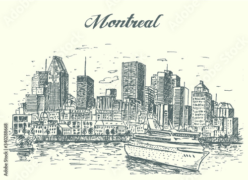 Canada Montreal cruise liner scene with city skyline on background. Hand drawn,vector illustration.