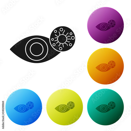 Black Reddish eye due to virus, bacterial or allergic conjunctivitis icon isolated on white background. Set icons in color circle buttons. Vector Illustration