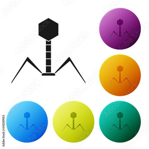 Black Bacteria bacteriophage icon isolated on white background. Bacterial infection sign. Microscopic germ cause diseases concept. Set icons in color circle buttons. Vector Illustration