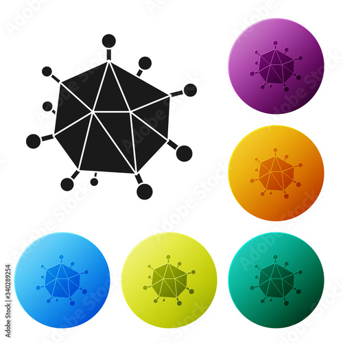 Black Virus icon isolated on white background. Corona virus 2019-nCoV. Bacteria and germs, cell cancer, microbe, fungi. Set icons in color circle buttons. Vector Illustration