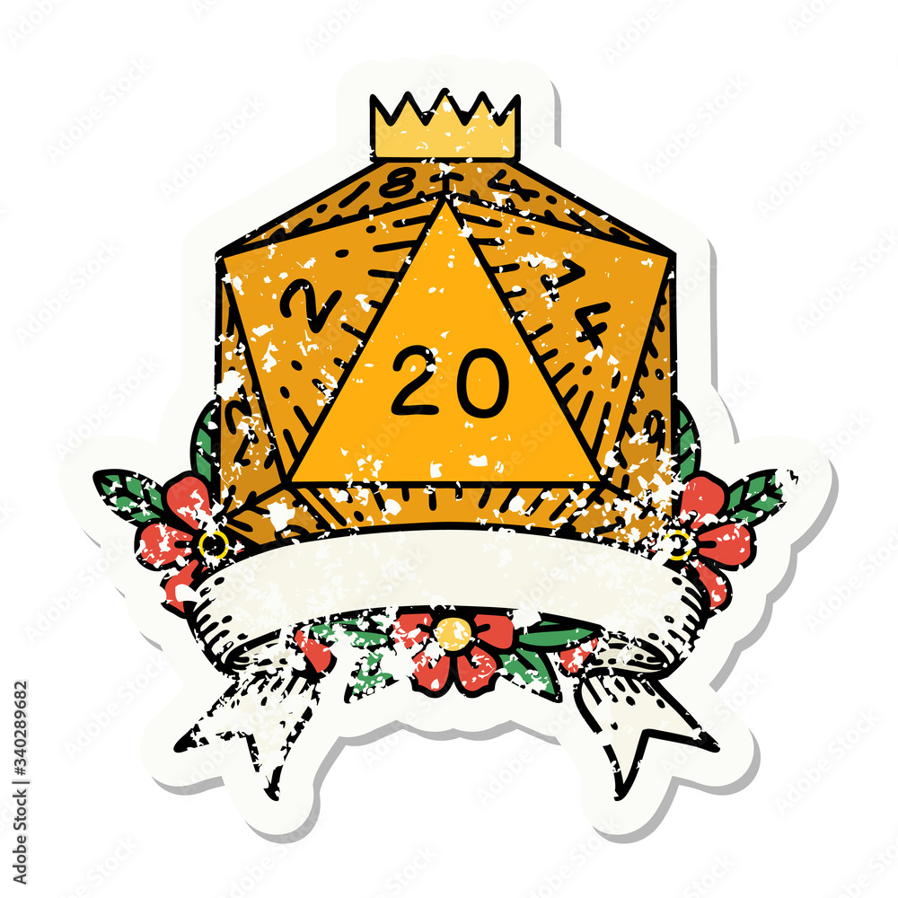 natural 20 critical hit D20 dice roll grunge sticker